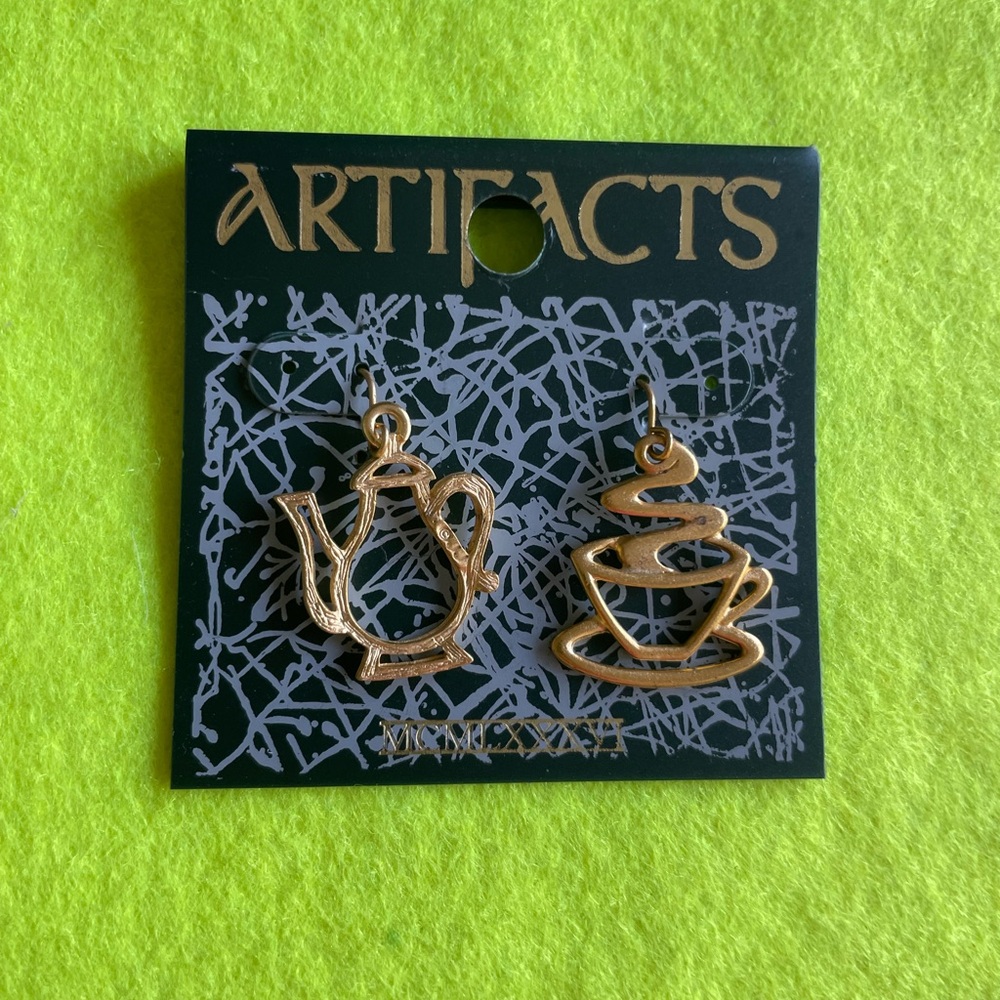 Artifacts Gold Teapot & Cup Dangle Earrings